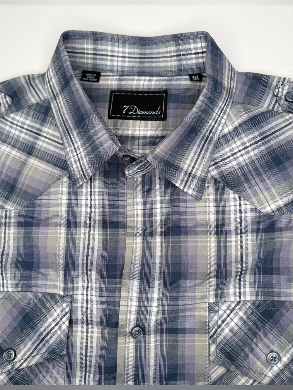 7 Diamonds Plaid Short Sleeve Button-Down Shirt - Blue, Gray & White XXL